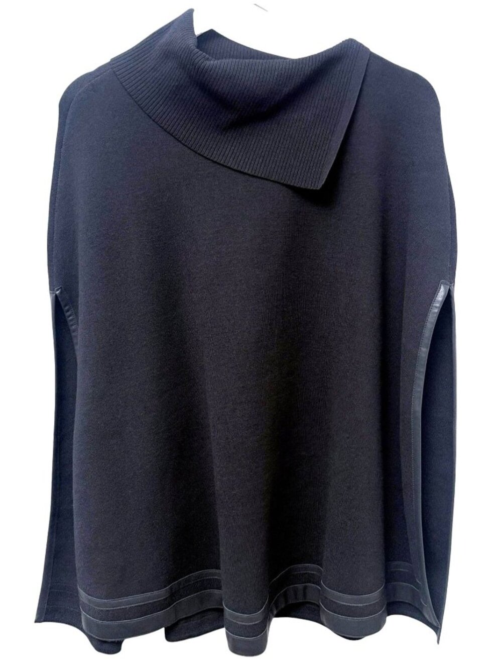 Chicos Black Cape Sweater S/M Faux Leather Trim Pullover Poncho Turtleneck